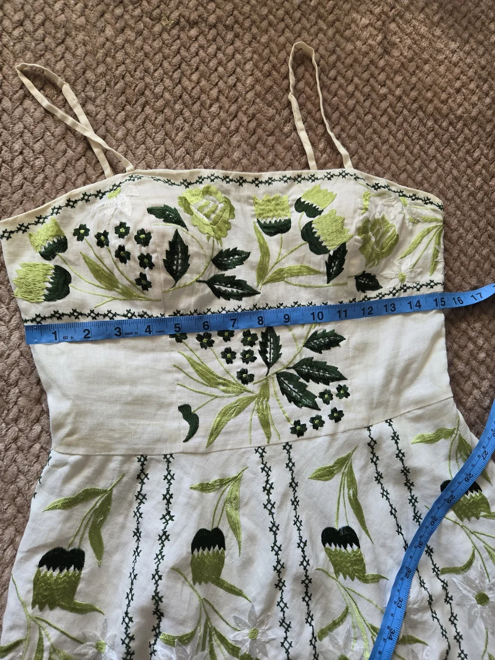 Sue Wong 100% Linen Embroidered Floral Dress Size 8 White Green Yellow